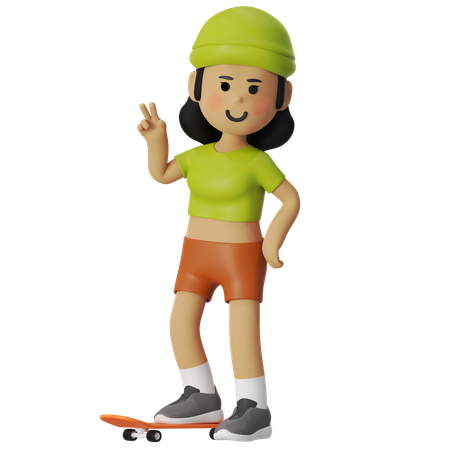 Chica mostrando un gesto de paz con una patineta  3D Icon