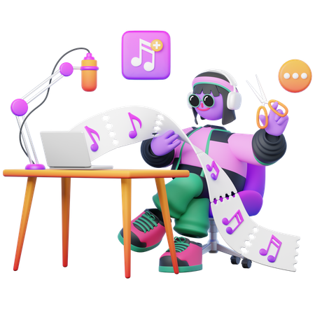 Chica joven editar flujo de audio  3D Illustration