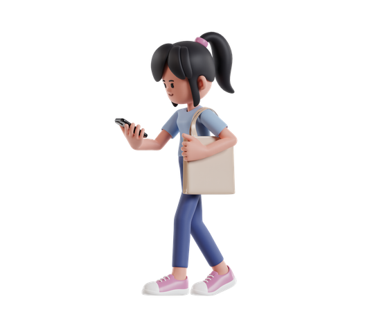 Chica joven que va de compras con un bolso mientras revisa la lista de compras en el teléfono móvil  3D Illustration