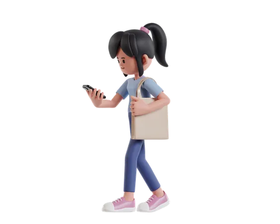 Chica joven que va de compras con un bolso mientras revisa la lista de compras en el teléfono móvil  3D Illustration