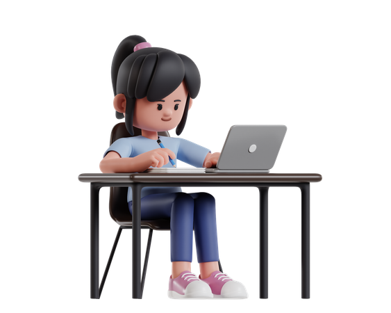 Chica joven trabajando en una computadora portátil en un escritorio mientras escribe notas  3D Illustration