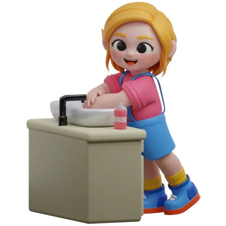 Niña se lava las manos en el lavabo  3D Illustration