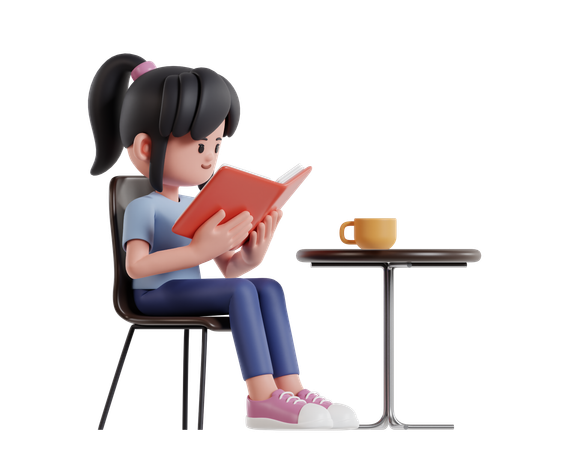 Chica leyendo un libro mientras disfruta de un café en una cafetería  3D Illustration