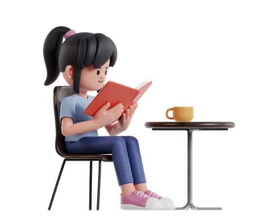 Chica leyendo un libro mientras disfruta de un café en una cafetería  3D Illustration