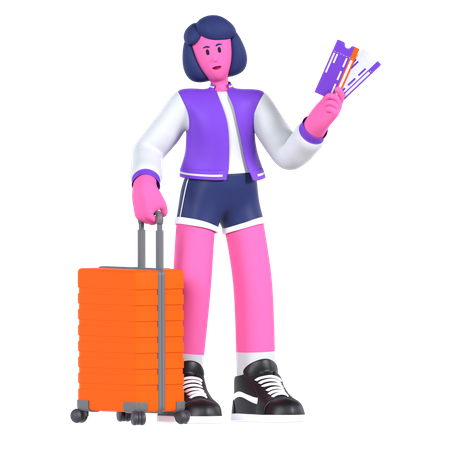 Chica lista con billete de avión para embarcar.  3D Icon