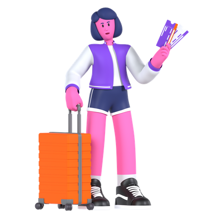 Chica lista con billete de avión para embarcar.  3D Illustration