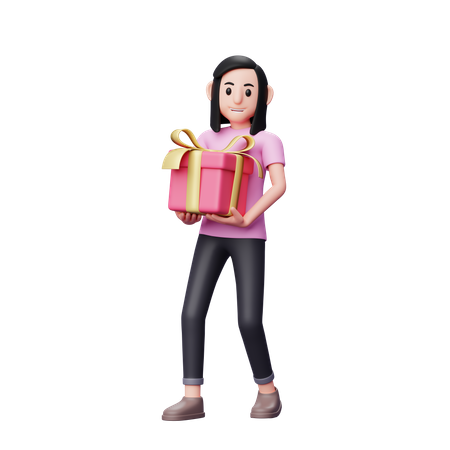 Chica llevando un gran regalo de San Valentín con ambas manos  3D Icon