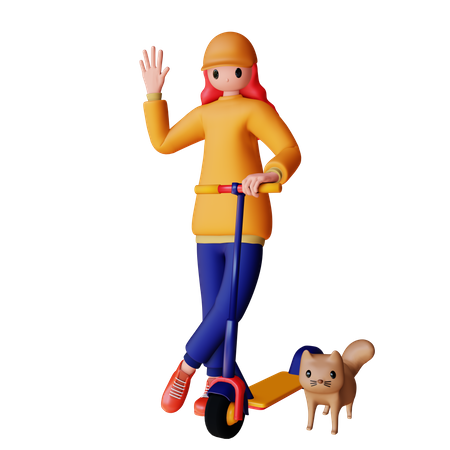 Chica montando scooter eléctrico con gato  3D Icon