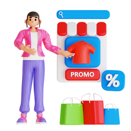 Chica mostrando promoción de venta de compras en línea  3D Illustration