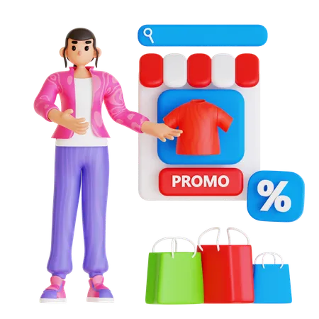 Chica mostrando promoción de venta de compras en línea  3D Illustration