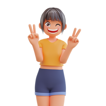 Chica muestra gesto de signo de paz riendo con pose sonriente  3D Illustration