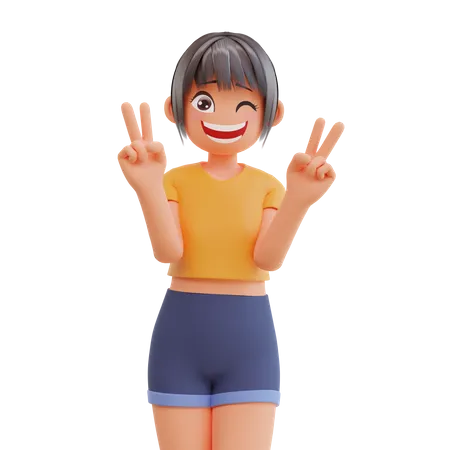 Chica muestra gesto de signo de paz riendo con pose sonriente  3D Illustration