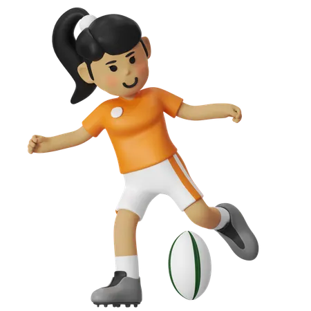 Chica pateando una pelota de rugby  3D Illustration