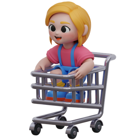 Carrito de compras con personaje de niña  3D Illustration