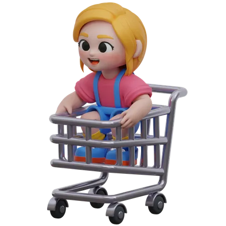 Carrito de compras con personaje de niña  3D Illustration