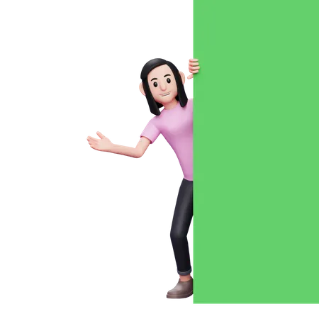 Chica Espiando Saliendo De Detras De Una Pancarta De Pantalla Verde Ilustracion De Personajes 3 D Mujer Casual 3D Illustration