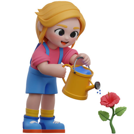 Niña regando flores  3D Illustration