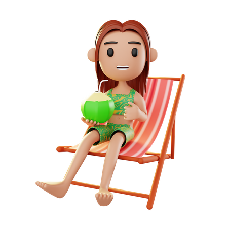 Chica relajándose en la playa bebiendo agua de coco  3D Illustration