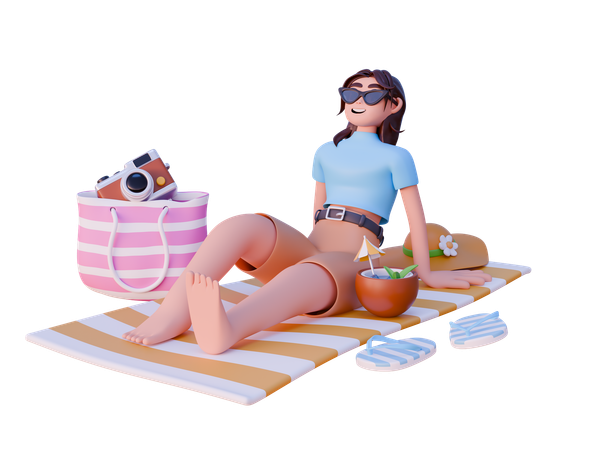 Chica relajándose sentada sobre una toalla en la playa  3D Icon