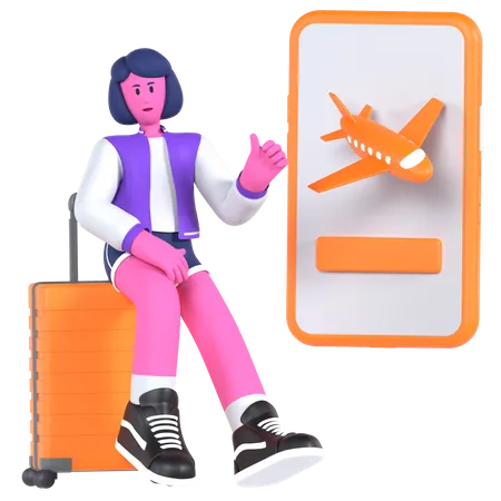 Chica reservando billete de avión online  3D Illustration