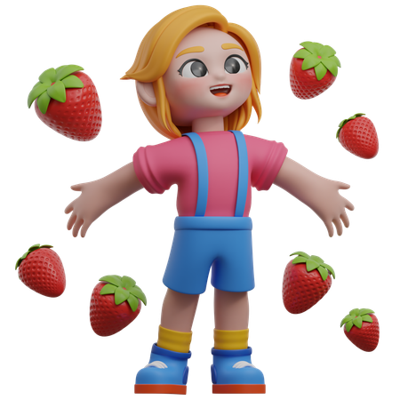 Niña rodeada de fresas  3D Illustration