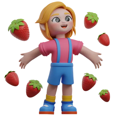 Niña rodeada de fresas  3D Illustration