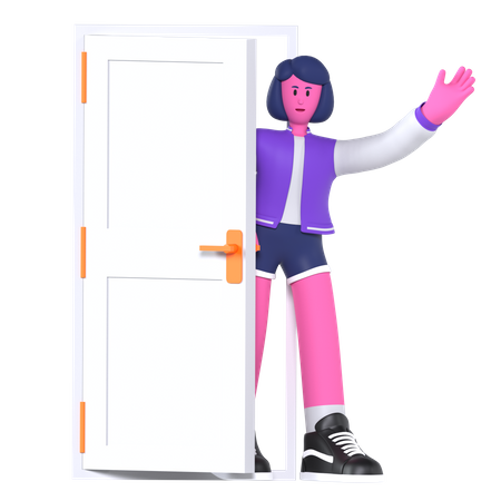 La chica saluda desde detrás de la puerta.  3D Illustration