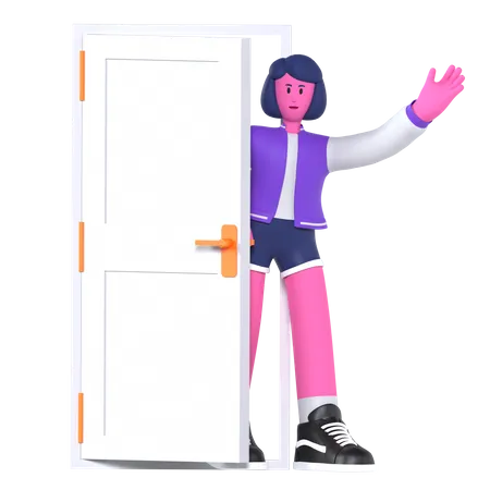 La chica saluda desde detrás de la puerta.  3D Illustration