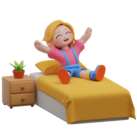 La niña se despierta en la cama  3D Illustration