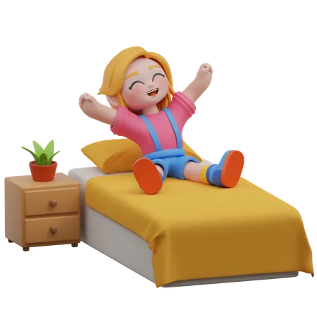 La niña se despierta en la cama  3D Illustration