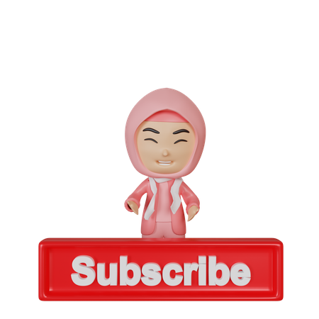 Chica señalando con la mano el botón de suscripción  3D Icon