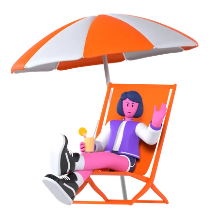 Chica sentada bajo una sombrilla en la playa  3D Illustration