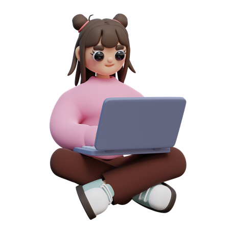 Chica sentada y sosteniendo la computadora portátil  3D Icon