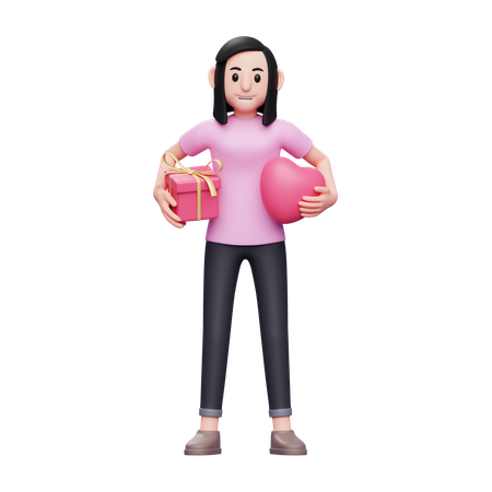 Chica sosteniendo corazón y regalo de San Valentín  3D Icon