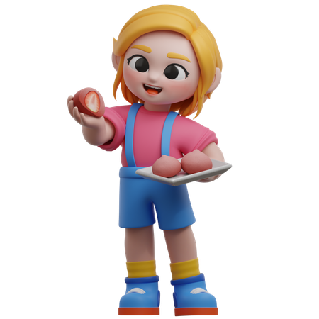 Niña sosteniendo mochi de fresa  3D Illustration