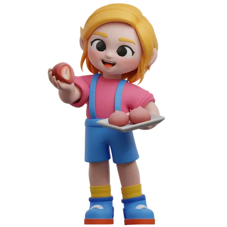 Niña sosteniendo mochi de fresa  3D Illustration