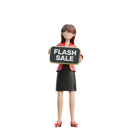 Chica sosteniendo un cartel de venta flash  3D Illustration