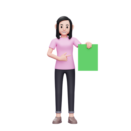 Chica sosteniendo papel verde y señalando con el dedo  3D Icon