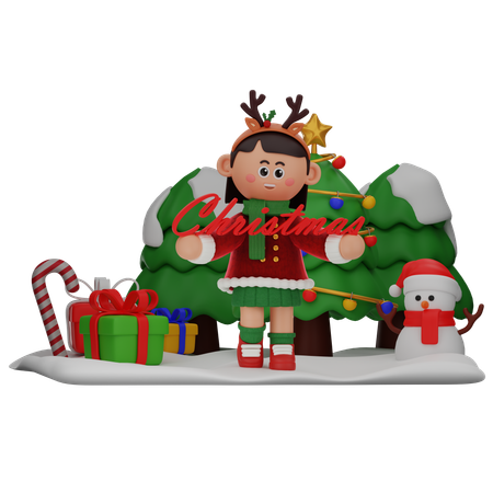 Chica sosteniendo un gran texto navideño  3D Icon