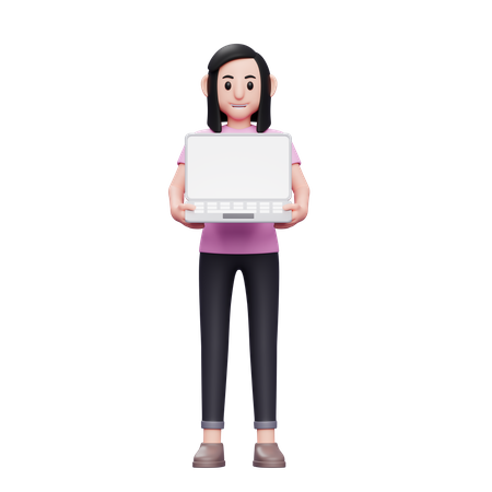 Chica sosteniendo una computadora portátil con ambas manos  3D Icon