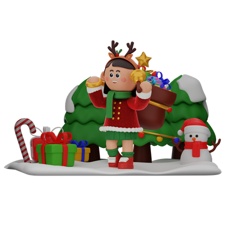 Chica sujetando Bell con saco de regalos  3D Icon