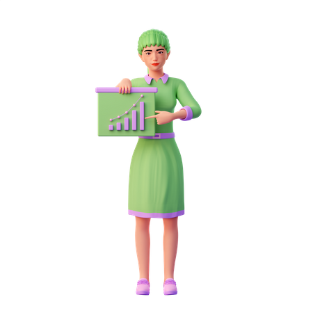 Chica sujetando mesa de presentación con gráfico de negocios  3D Icon