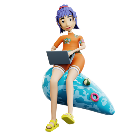 Chica trabajando de vacaciones  3D Illustration