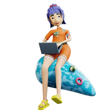 Chica trabajando de vacaciones  3D Illustration