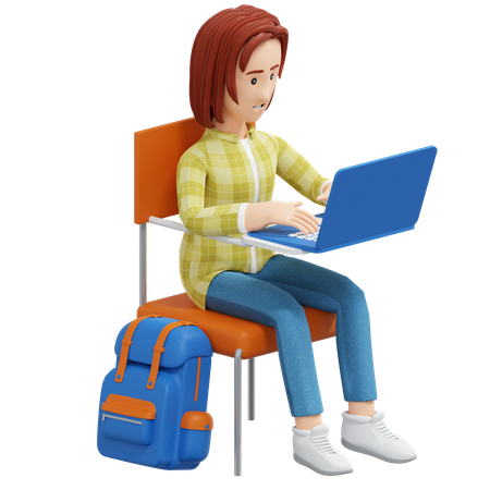 Chica universitaria estudiando con laptop  3D Illustration