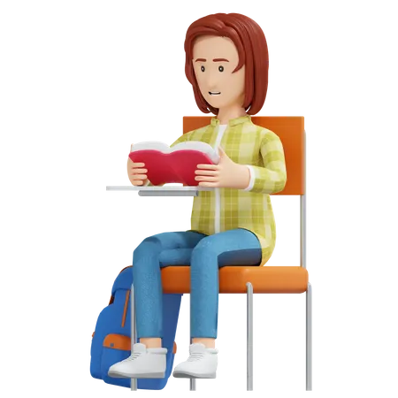 Chica Universitaria Leyendo Un Libro Mientras Esta Sentada En Una Silla Ilustracion De Dibujos Animados En 3 D 3D Illustration