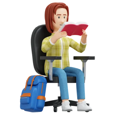 Chica Universitaria Leyendo Un Libro Mientras Esta Sentada En Una Silla De Oficina Ilustracion De Dibujos Animados En 3 D 3D Illustration