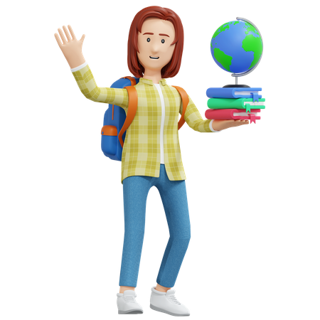 Chica universitaria sosteniendo libro y globo  3D Illustration