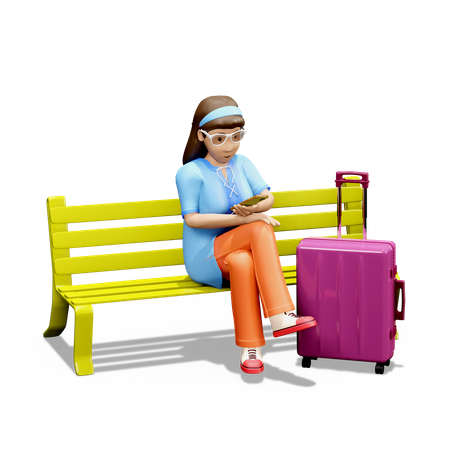 Chica usando móvil de vacaciones  3D Illustration