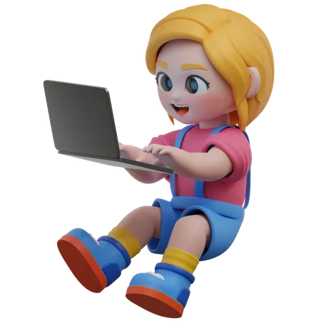 Chica usando laptop  3D Illustration